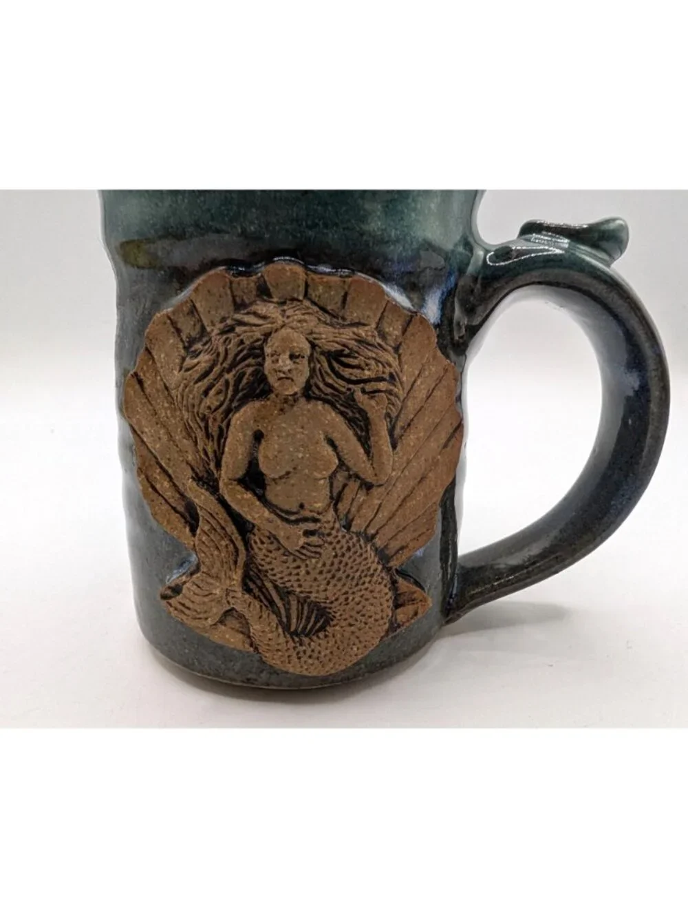 Handmade Pottery Mug W 3D Mermaid Design Blue & Brown Artist Signed - Picture 7 of 11